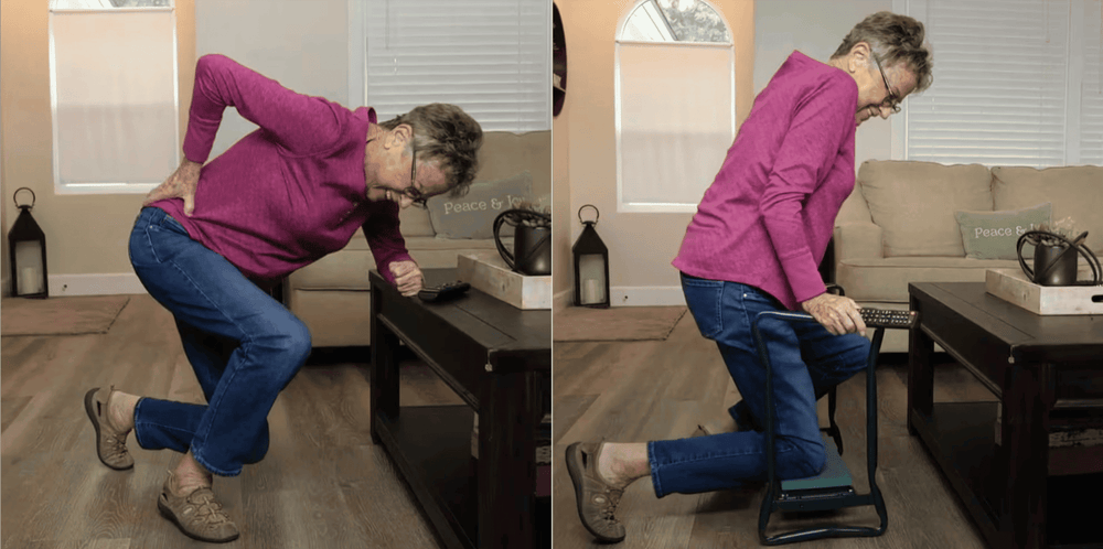 Before and after comparison of elderly woman using Folding Garden Kneeler Bench to ease back pain