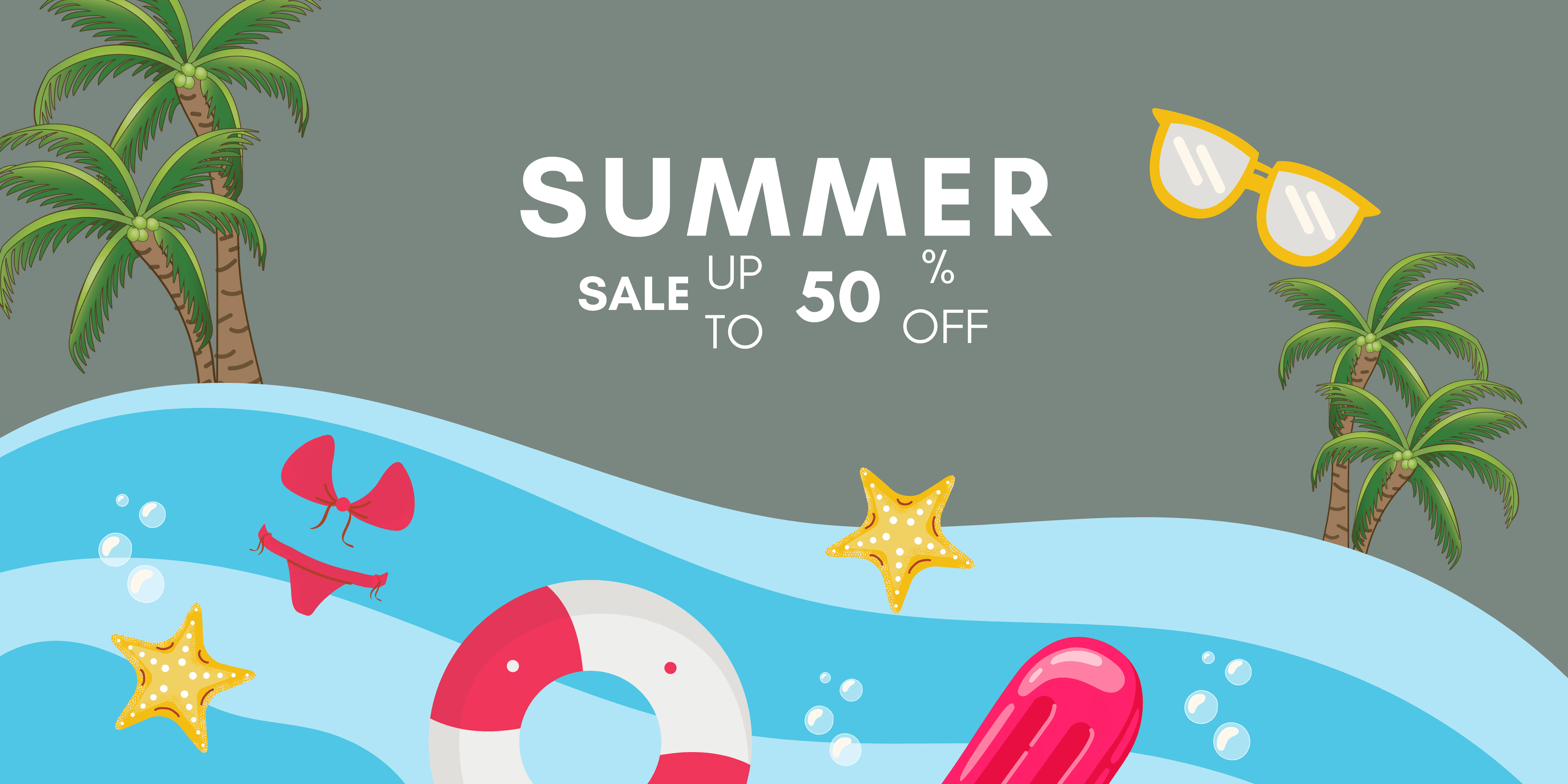Summer sale banner with floating beach elements and up to 50% off promotion for seasonal home products.