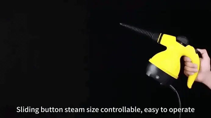 Yellow handheld steam cleaner being held, showing compact, ergonomic, and user-friendly design.