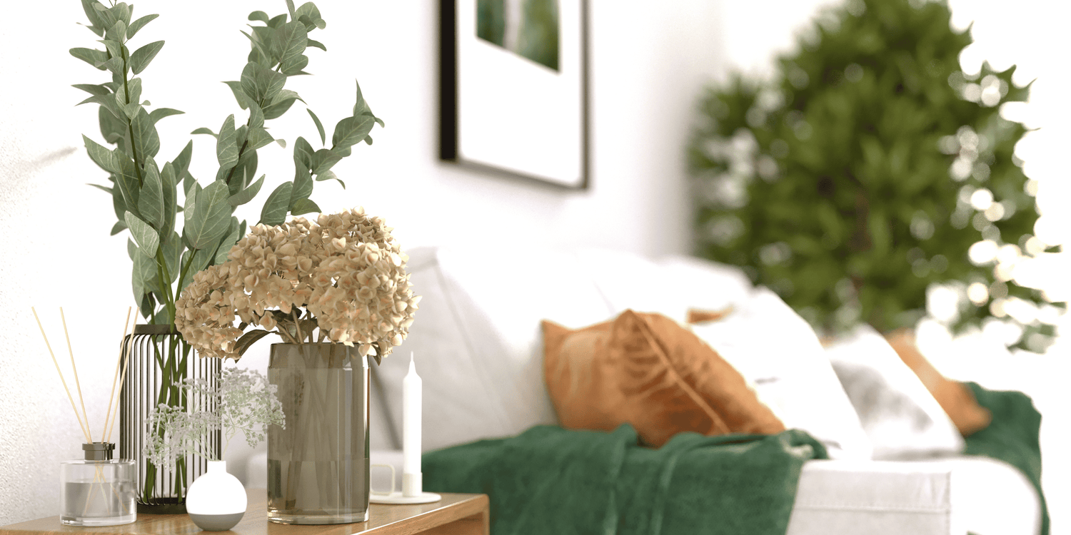Modern living room setup with indoor plant and cozy couch, highlighting fresh home decor style.