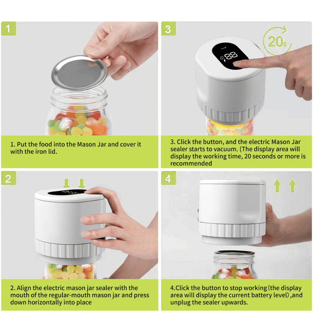 Step-by-step usage guide for the Electric Vacuum Jar Sealer showing how to vacuum seal jars
