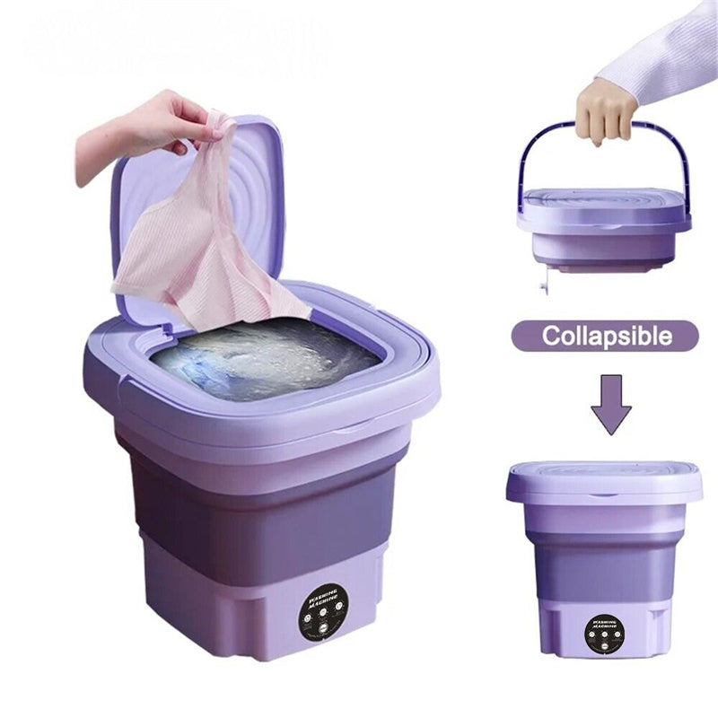 User placing clothes into collapsible mini washer showing compact fold-down feature