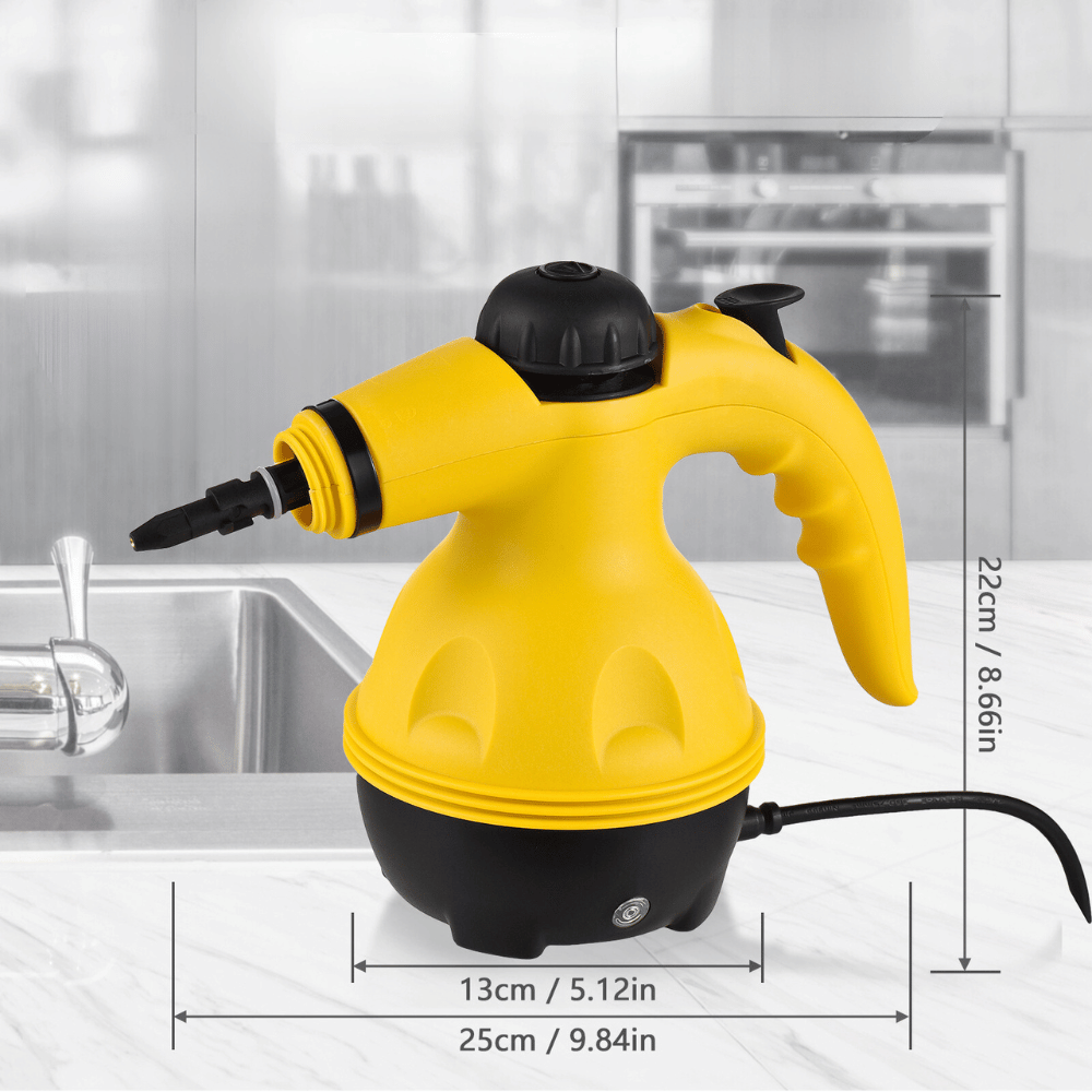 Yellow handheld steam cleaner dimensions shown on countertop near kitchen appliances