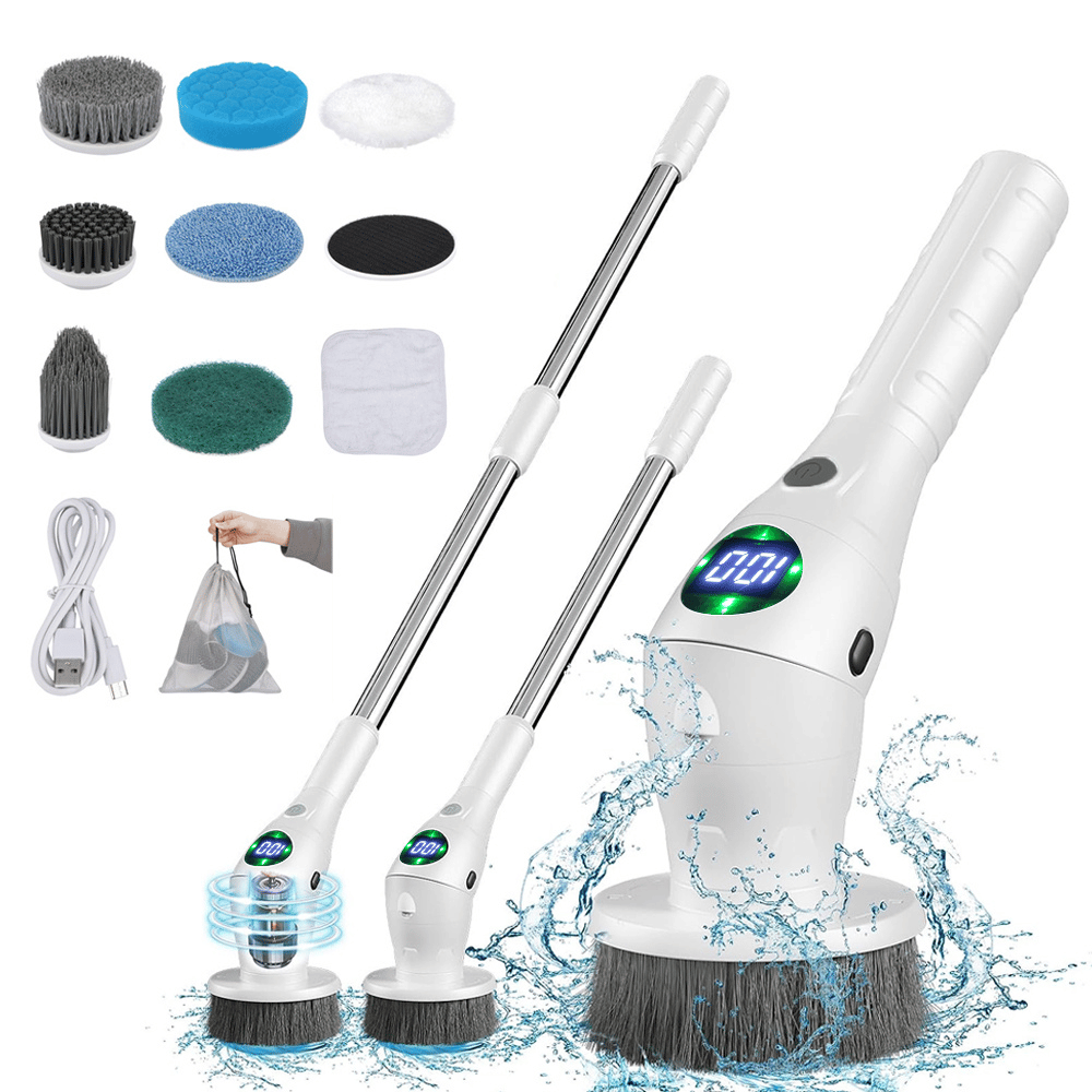 Full cleaning brush kit with 8 brush heads, water-resistant handle, USB charger, and adjustable extension rods.