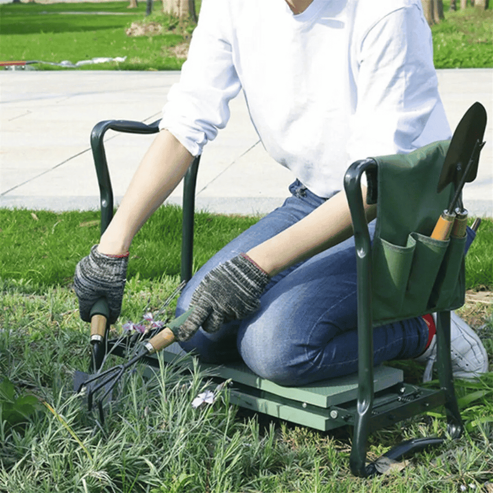 Person using Folding Garden Kneeler Bench while gardening on lawn