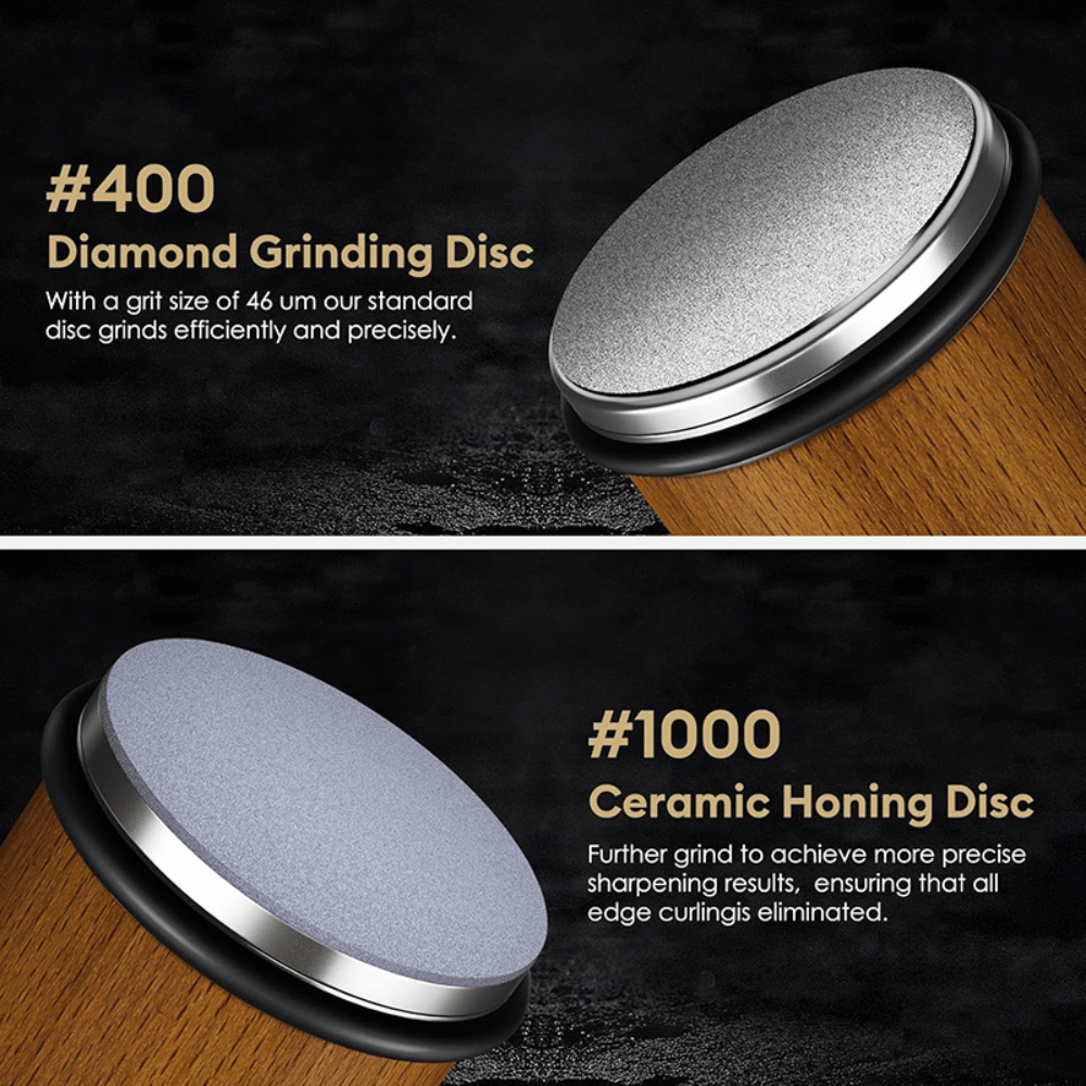 Close-up of #400 diamond grinding disc and #1000 ceramic honing disc for professional results.