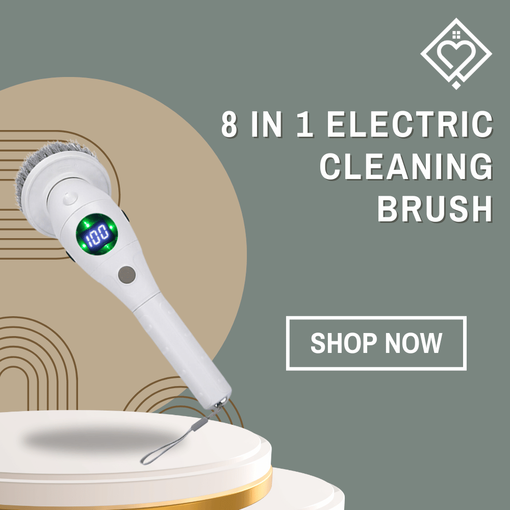 8-in-1 electric cleaning brush with digital display and extendable handle shown on display podium.