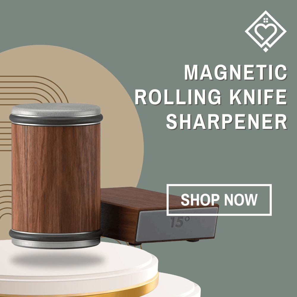 Magnetic rolling knife sharpener in wood finish with angle guide for precise blade sharpening.