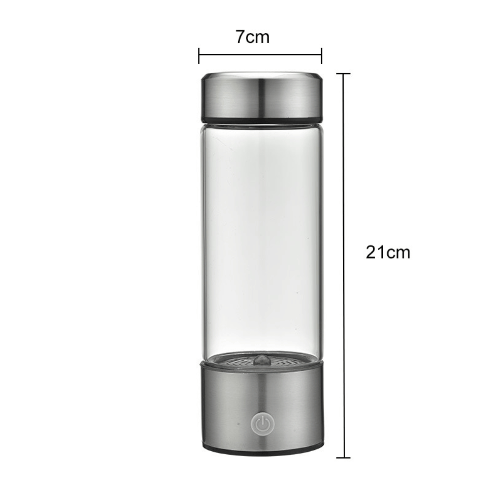 Hydrogen water generator bottle placed on icy surface, symbolizing freshness and pure hydrogen-enriched water
