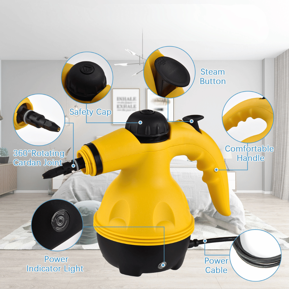 Breakdown of handheld steam cleaner showing detachable parts like nozzles and measuring cup