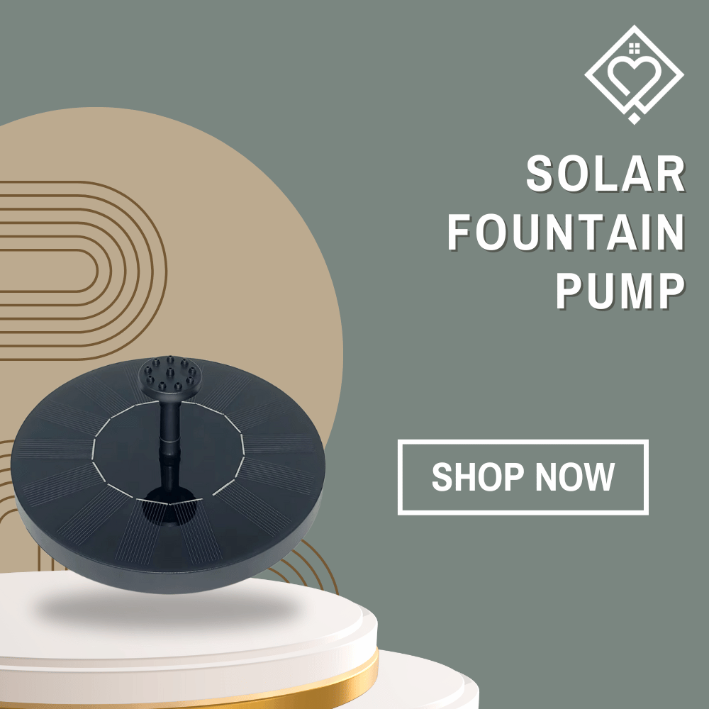 Black Solar Fountain Pump on modern pedestal with Shop Now CTA, ideal for eco-friendly outdoor water features