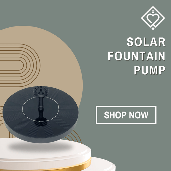 Black Solar Fountain Pump on modern pedestal with Shop Now CTA, ideal for eco-friendly outdoor water features