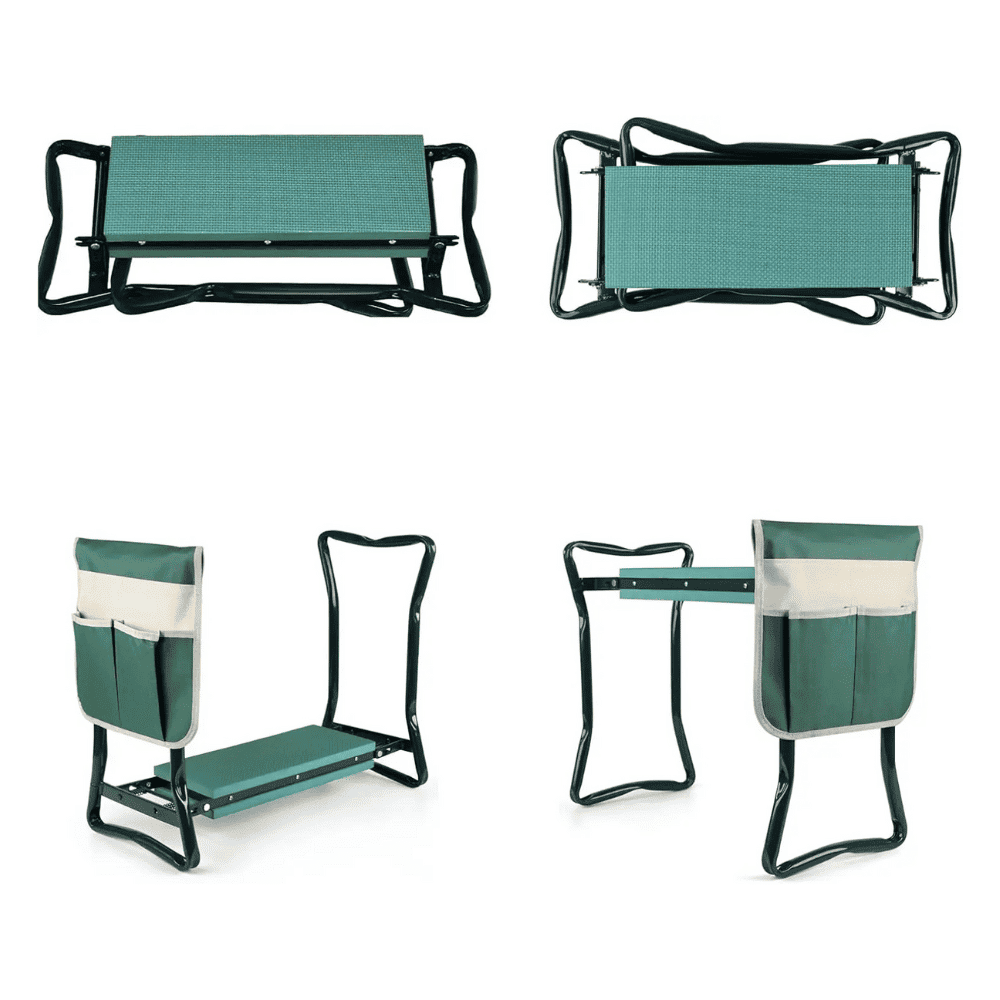 Multiple angles of Folding Garden Kneeler Bench showing foldable frame and tool pouch