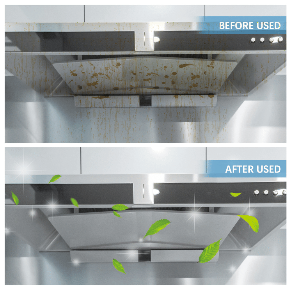 Before and after cleaning comparison using handheld steam cleaner on kitchen surfaces
