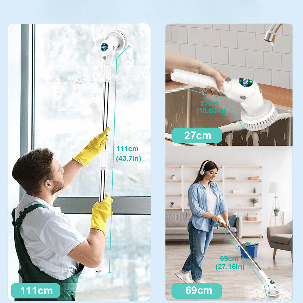 Size comparison of cleaning brush extension handle reaching high windows and low floors with ease.