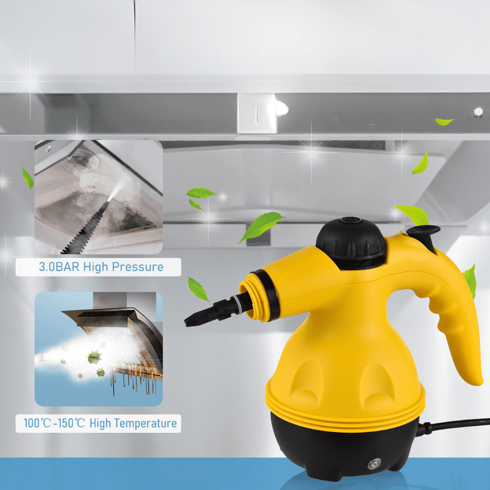 Handheld steam cleaner removing grease from range hood with powerful steam pressure