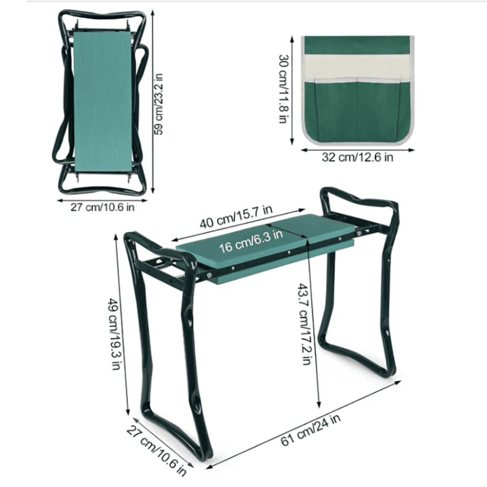 Folding Garden Kneeler Bench with dimensions and detachable tool pouch display