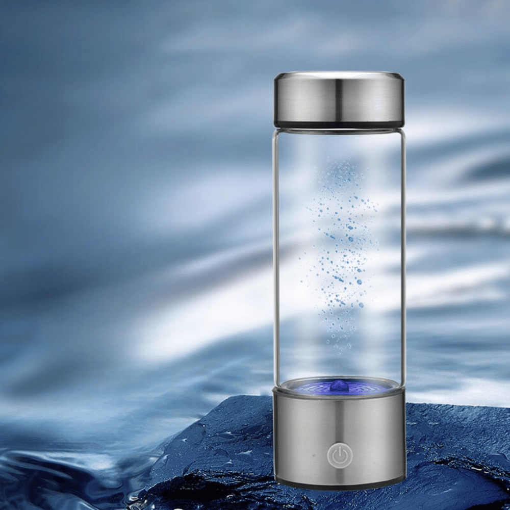Hydrogen water generator producing visible bubbles during filtration process in a modern bathroom setting