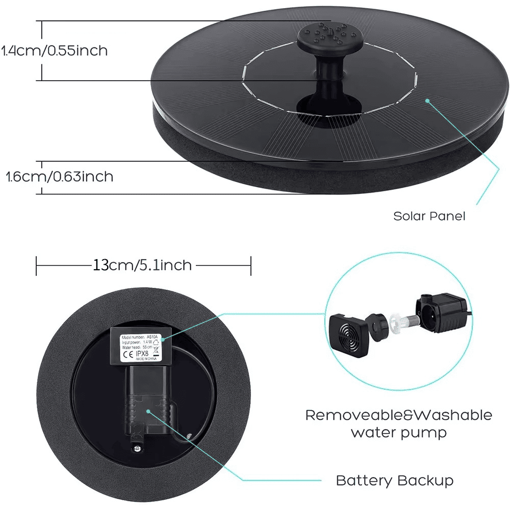 Solar Fountain Pump with size diagram, solar panel, water pump, battery backup, and removable nozzles labeled