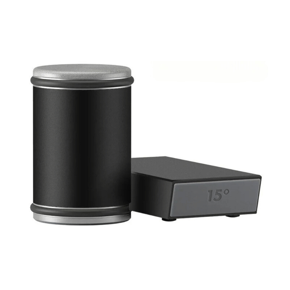 Black version of magnetic rolling sharpener with matte finish and angled sharpening base.