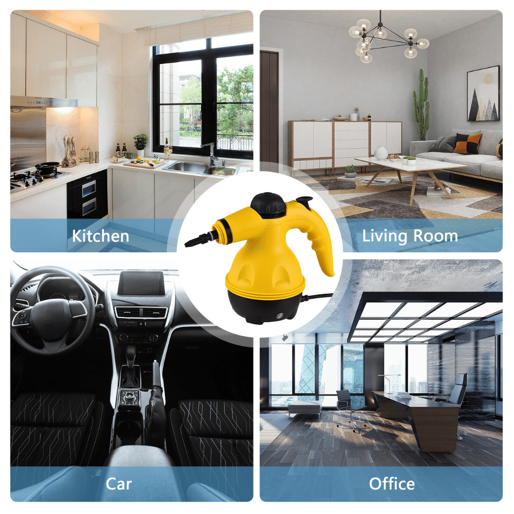Yellow handheld steam cleaner shown cleaning kitchen, living room, car, office with multi-use labels