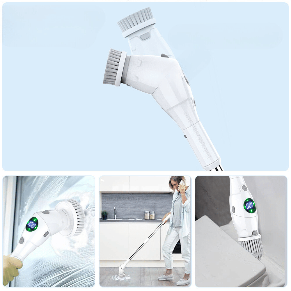 Close-up of electric cleaning brush with splash-proof design, ideal for bathroom and tile scrubbing.