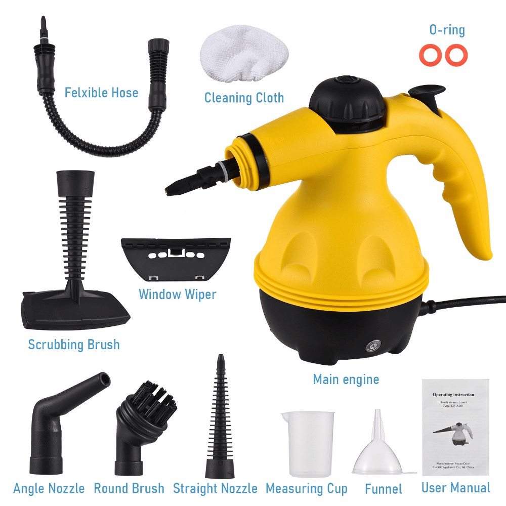 Full accessory set of handheld steam cleaner with labeled components including brush, hose, and cloth