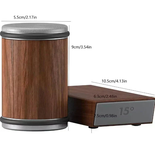 Front view of knife sharpener showing dimensions and sleek wood grain design.