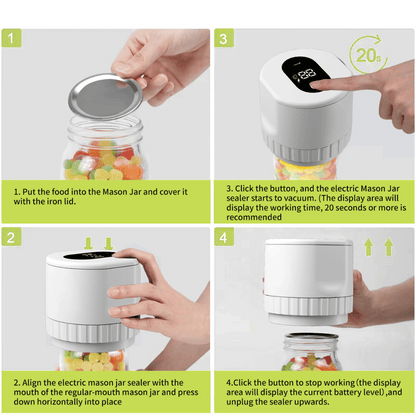 Step-by-step usage guide for the Electric Vacuum Jar Sealer showing how to vacuum seal jars