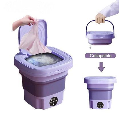 User placing clothes into collapsible mini washer showing compact fold-down feature