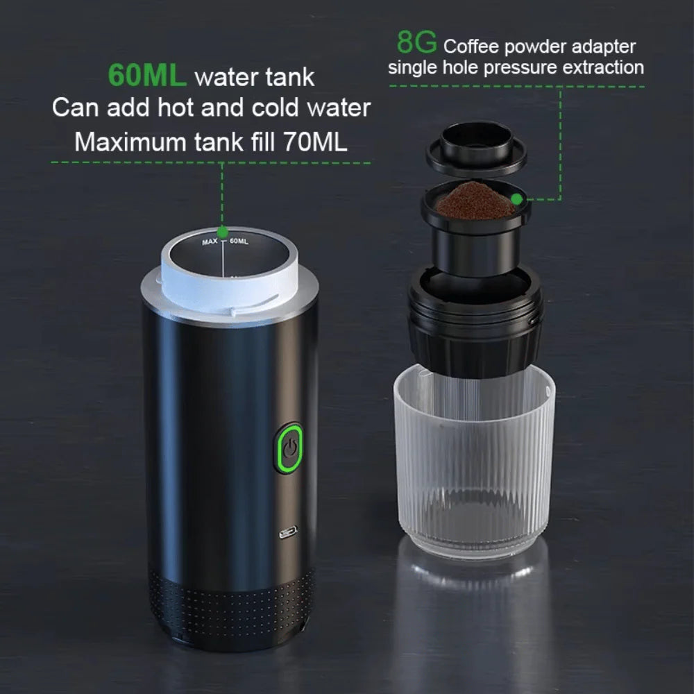 Exploded view of portable espresso machine with labeled 60ML water tank and 8G coffee adapter
