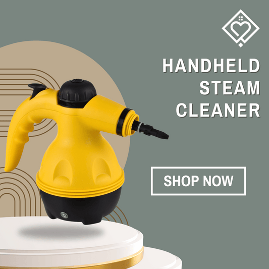 Handheld steam cleaner promotional image with yellow device and Shop Now button on display pedestal