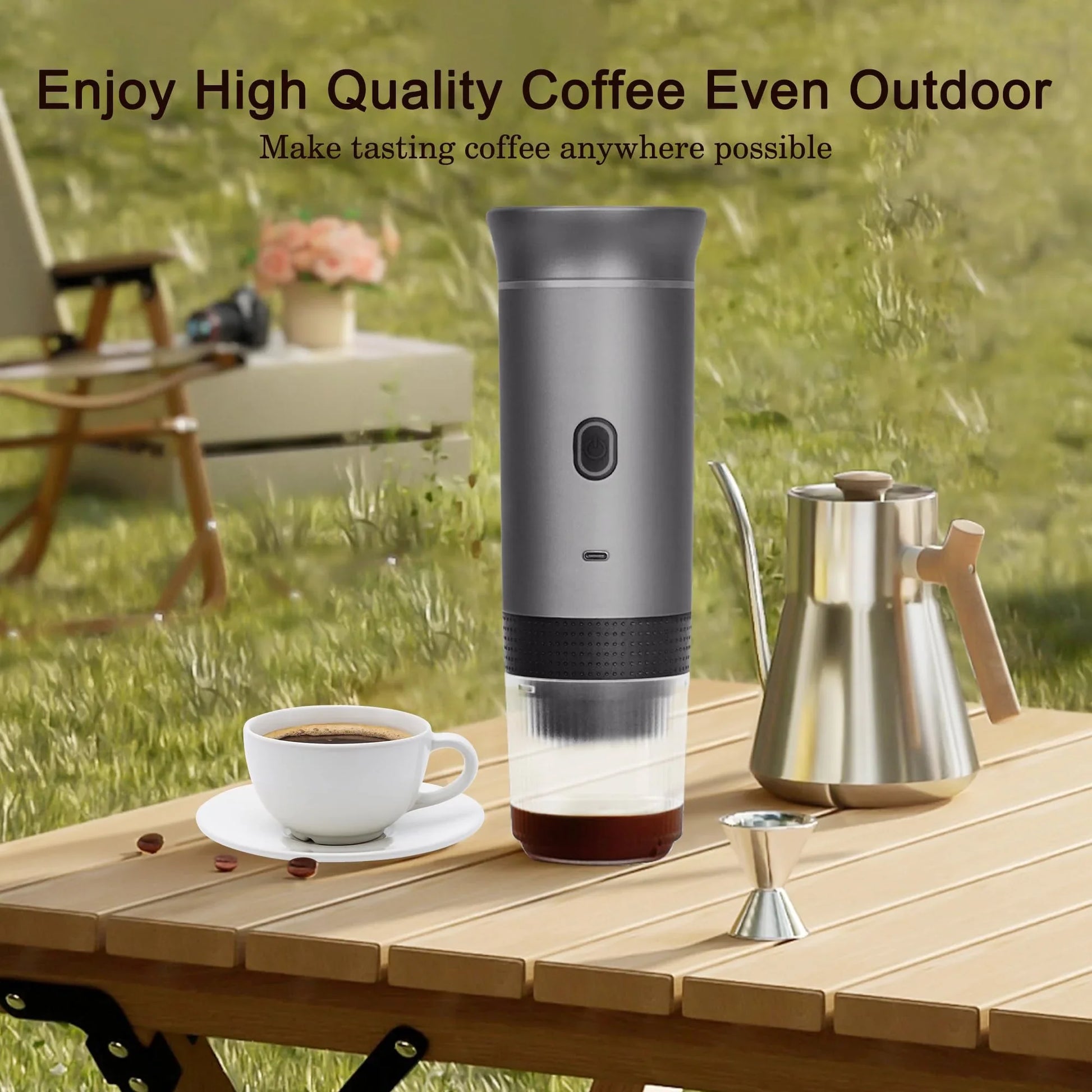 Outdoor coffee setup using the Portable Espresso Machine on a wooden table