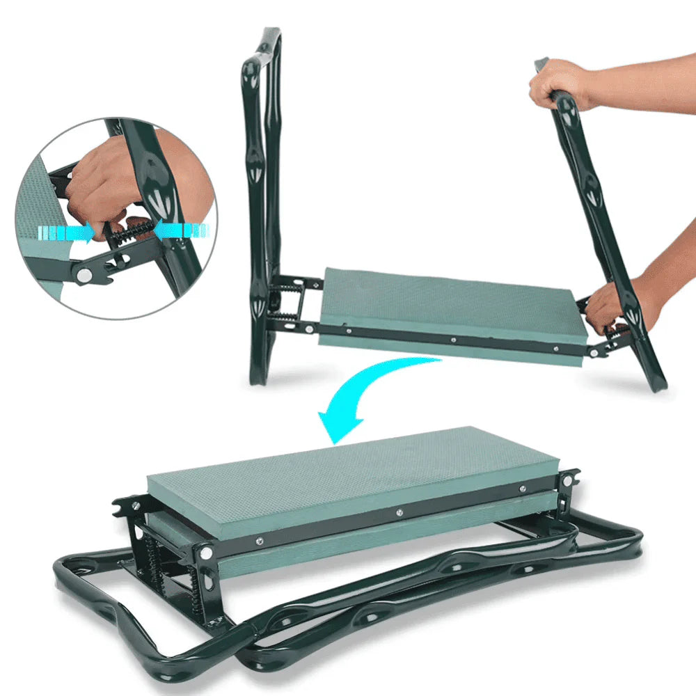 Hands folding the Garden Kneeler Bench showing durable steel frame and portability feature