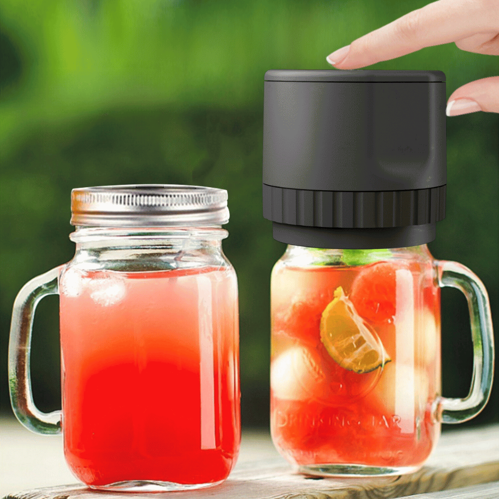 Black Vacuum Jar Sealer in use on mason jars with colorful beverages for airtight sealing