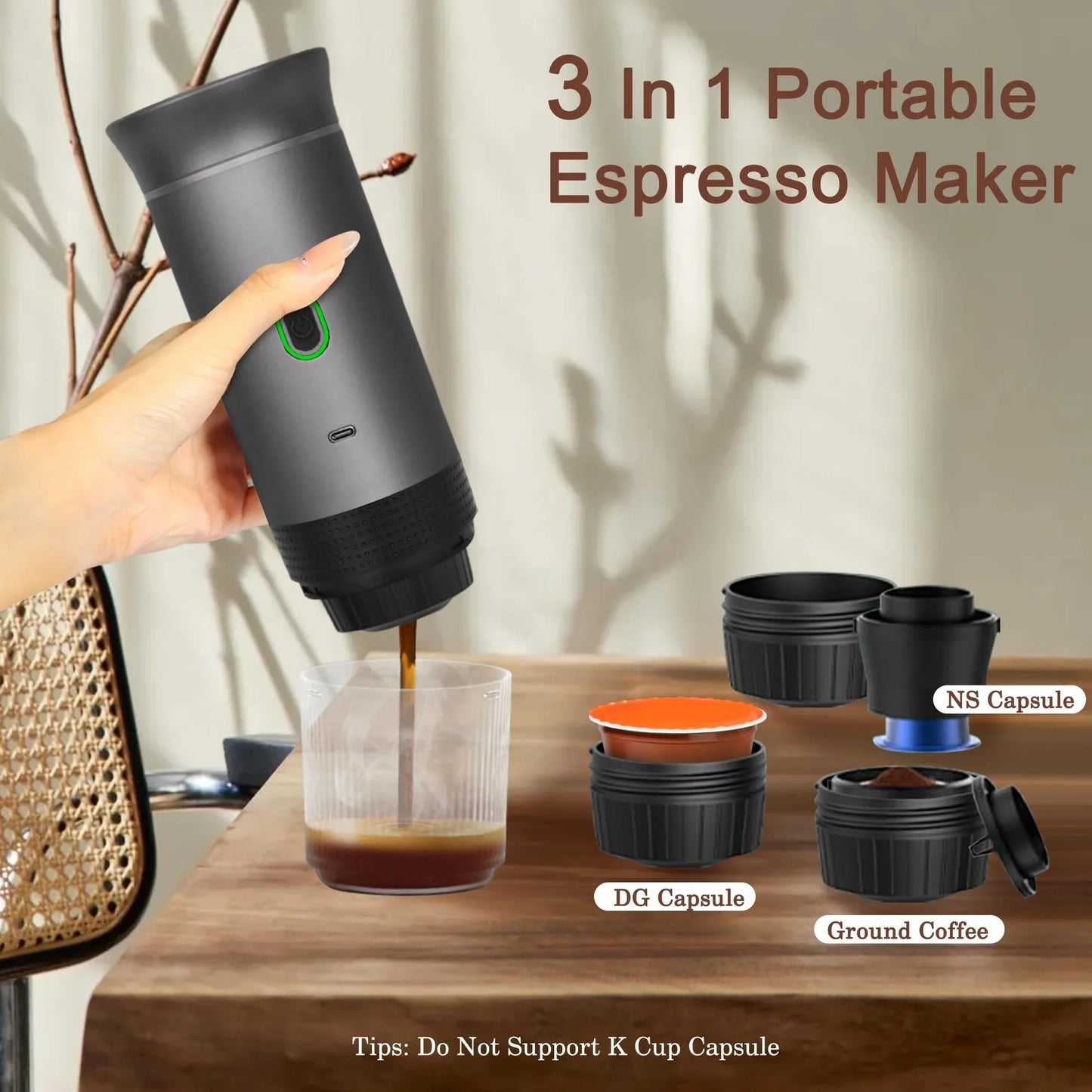 Demonstrating 3-in-1 Portable Espresso Maker brewing coffee on a wooden table