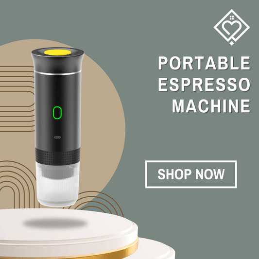 Portable Espresso Machine display with modern design and LED button on minimal pedestal