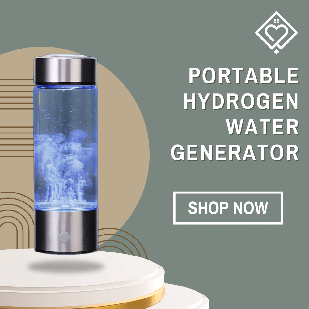 Portable Hydrogen Water Generator with LED display, shown on podium emitting hydrogen bubbles for purified drinking water