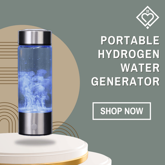 Portable Hydrogen Water Generator with LED display, shown on podium emitting hydrogen bubbles for purified drinking water