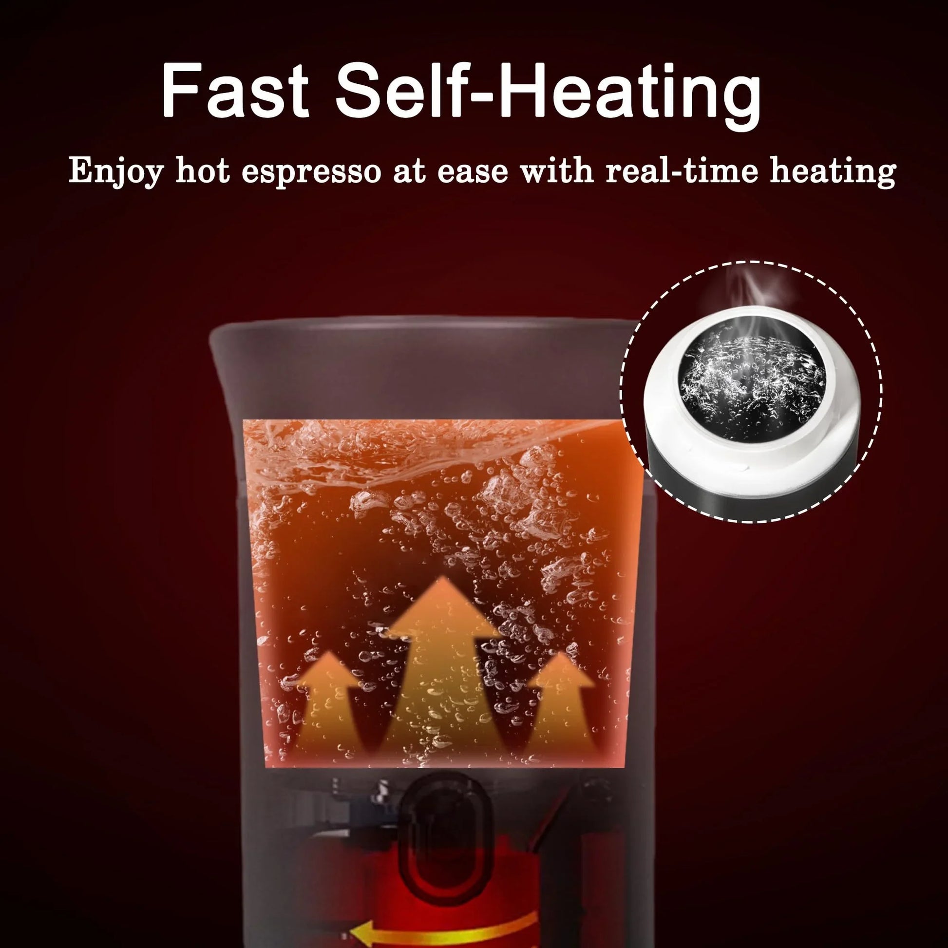 Fast self-heating feature of espresso machine with hot coffee brewing process shown