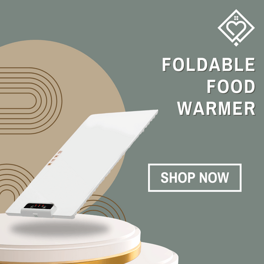 Foldable Food Warmer with digital control panel, sleek white design, shown on display platform