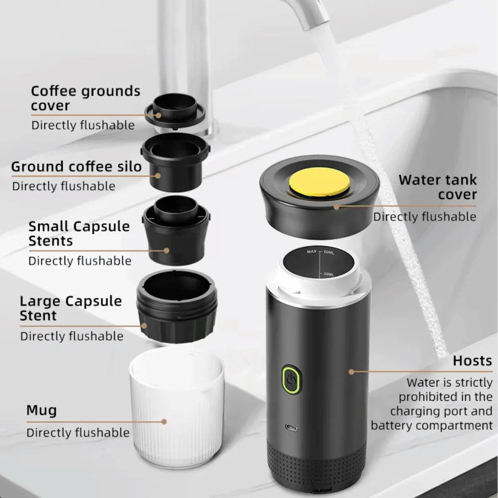 Components of portable espresso maker shown under water for easy cleaning and reusability