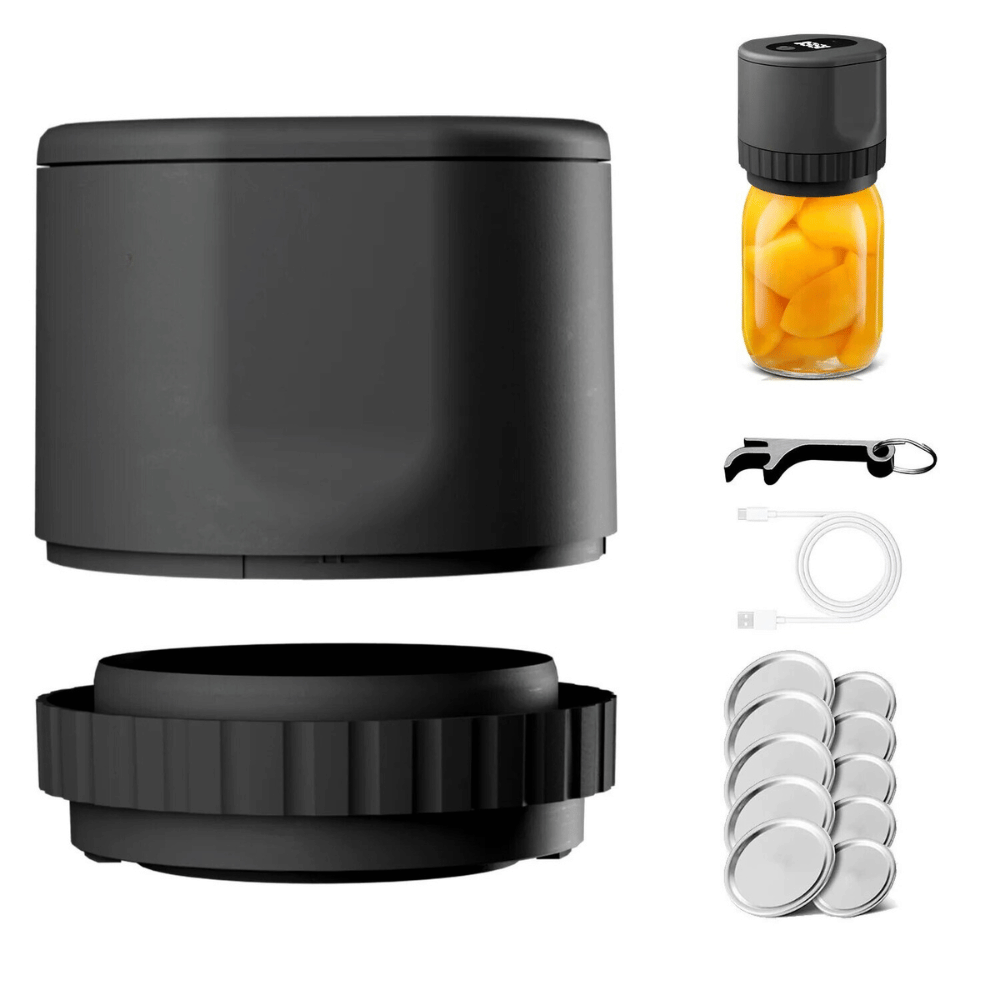 Black vacuum jar sealer set with accessories and jar, designed for food freshness and easy sealing