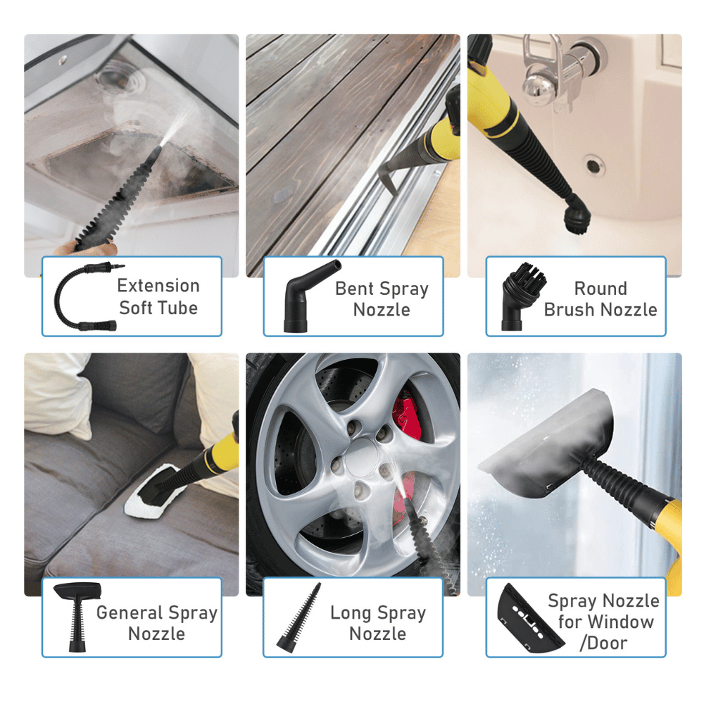 Multiple spray nozzles and attachments shown for the handheld steam cleaner including bent and round nozzles