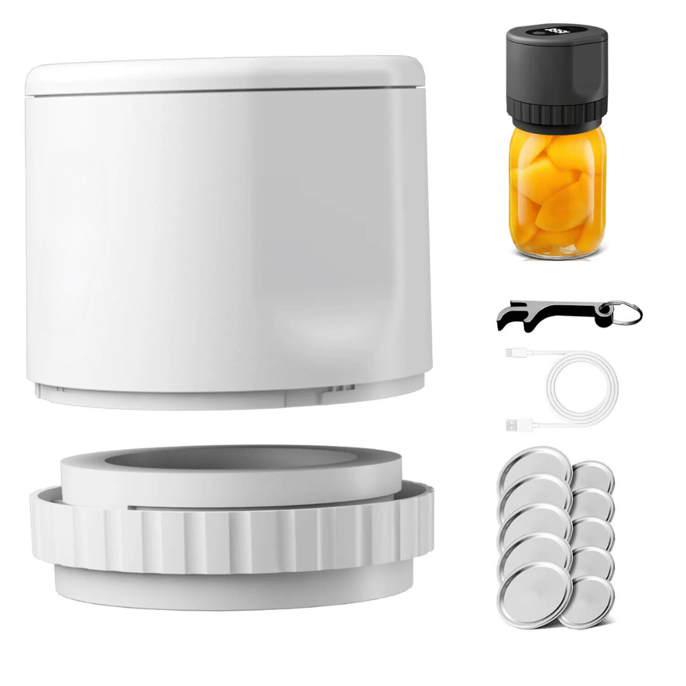 White vacuum jar sealer with accessories and sealed jar, portable design for home use