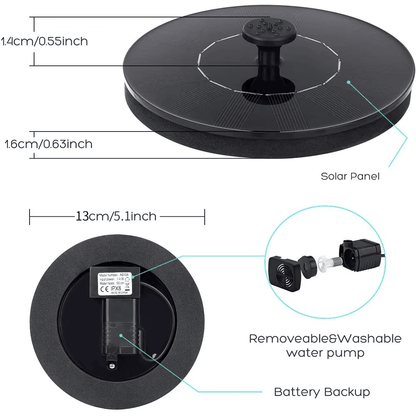 Solar Fountain Pump with size diagram, solar panel, water pump, battery backup, and removable nozzles labeled