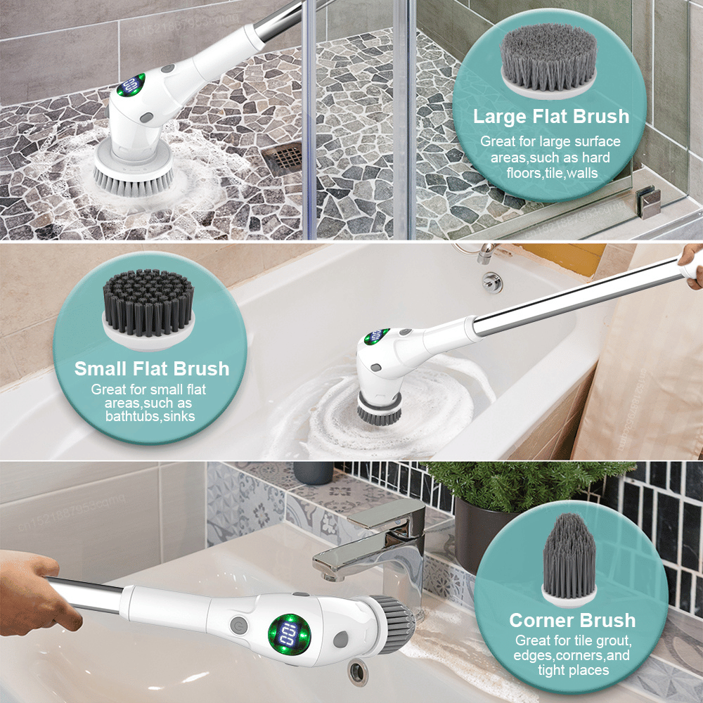Multiple use cases of electric cleaning brush with labeled brush attachments for precise cleaning jobs.