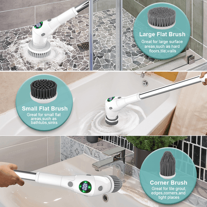 Multiple use cases of electric cleaning brush with labeled brush attachments for precise cleaning jobs.