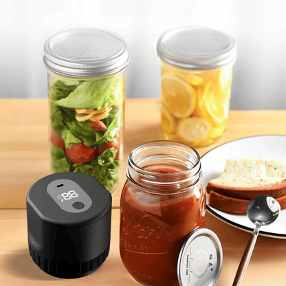 Multiple mason jars sealed with Electric Vacuum Jar Sealer, keeping sauces, fruits, and vegetables fresh