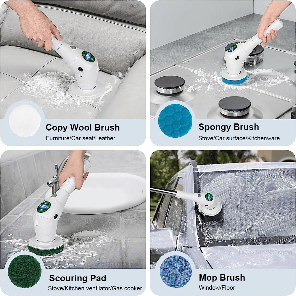 Demonstration of different brush heads including copy wool, spongy, scouring pad, and mop brush in action.